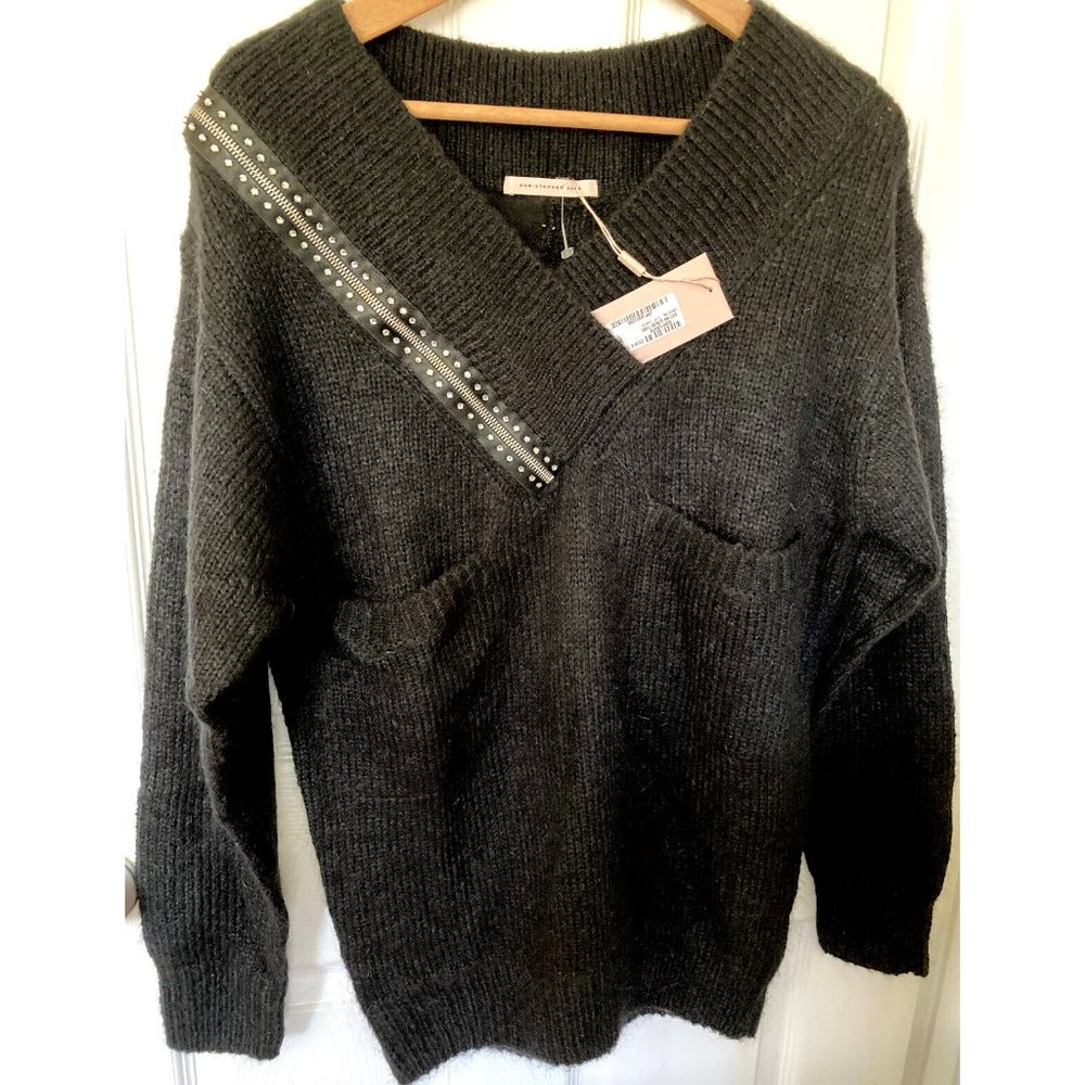 Christopher Kane Crystal Zip BLACK Wool Mohair V Neck Oversized Sweater S NWT